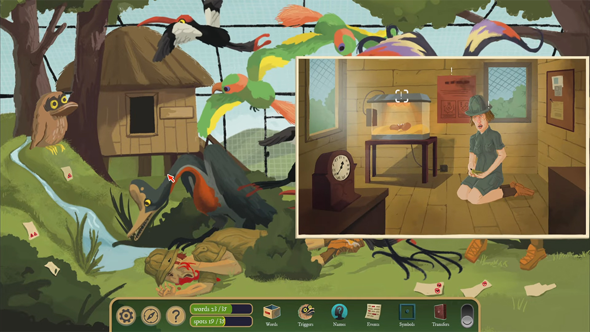 A room with an incubator, a warning about overexposure to the incubator, and a worker with an Aviary and Incubator key who's holding a dead bird. She's also got bird food.