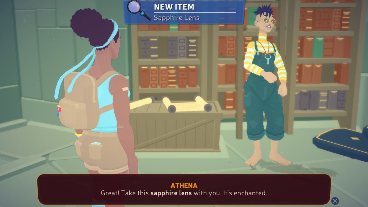 Athena gifting the player with the Sapphire Lens in Mythwrecked Ambrosia Island