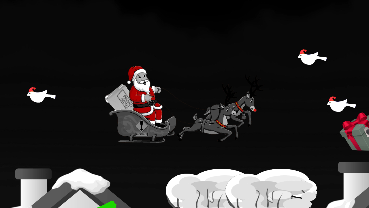 Santa driving his sleigh and two reindeer above trees and rooftops. Two birds are headed directly for him.