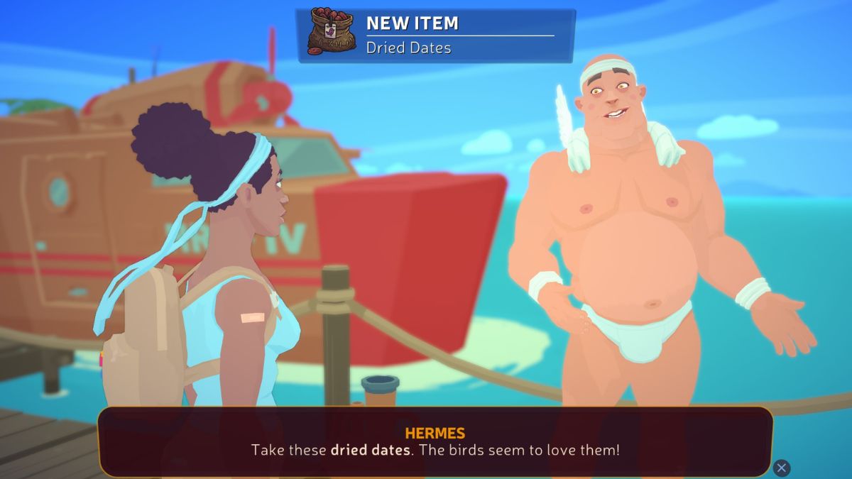 Hermes giving Alex Dried Dates for the Seagulls in Mythwrecked