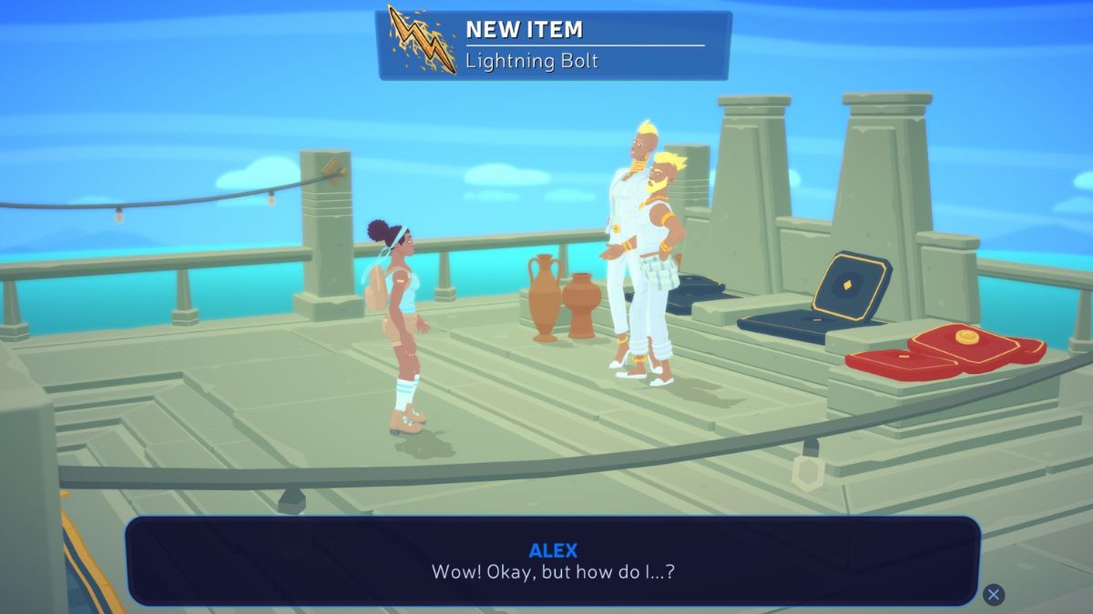 Hera + Zeus gifting you the lightning bolt to restore power to the stone tablets in Mythwrecked