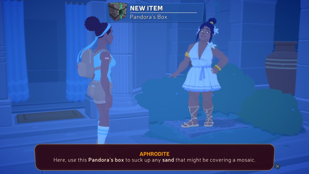 Aphrodite giving you the Pandora's Box to Uncover Mosaics in Mythwrecked Ambrosia Island