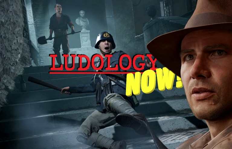 Indiana Jones' face superimposed over the Ludology Now logo, which is superimposed over a falling Nazi