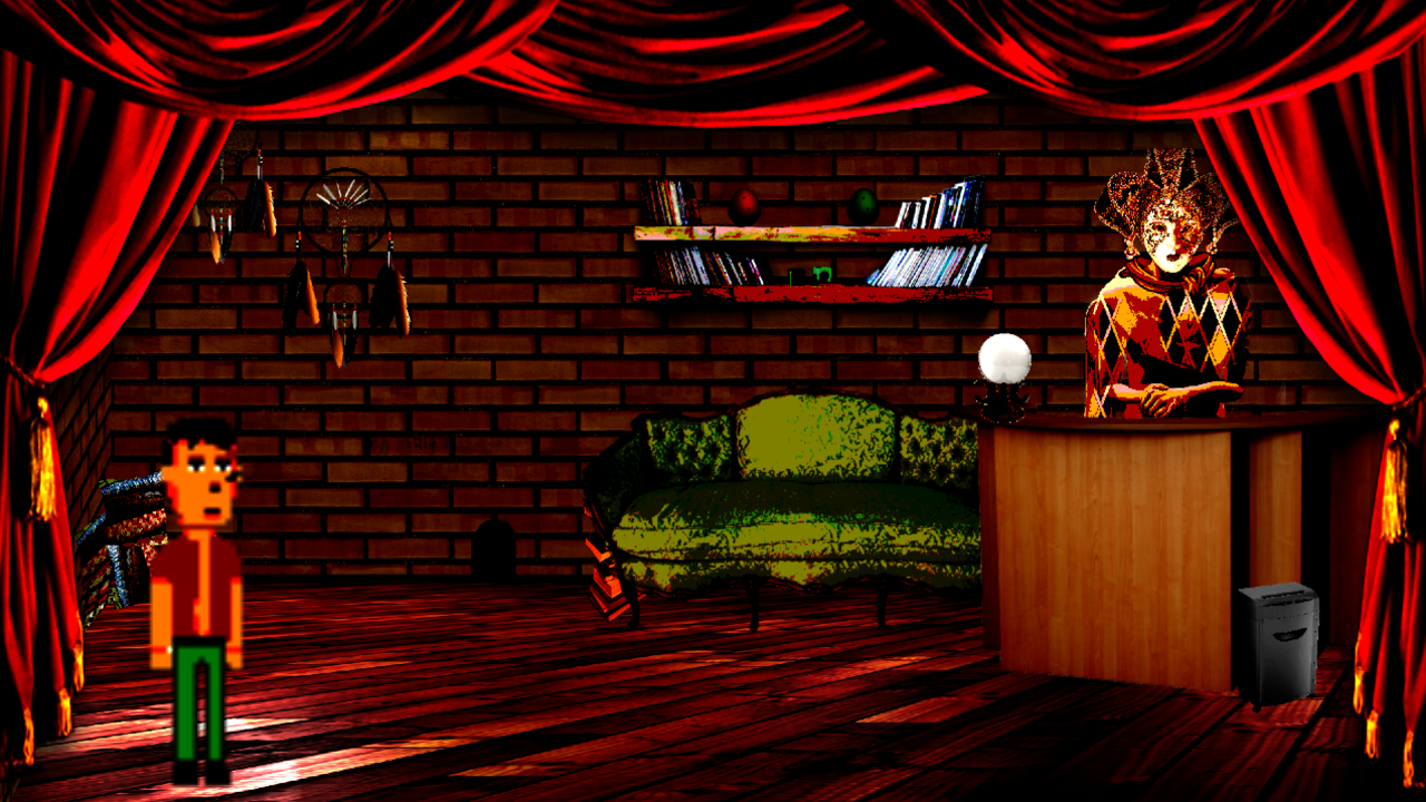 A strange-looking man in a torn burgundy shirt stands in the corner of a room with no coherent animation theme.