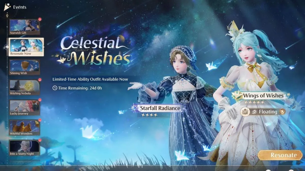 The limited-time Celestial Wishes resonance outfits in Infinity Nikki