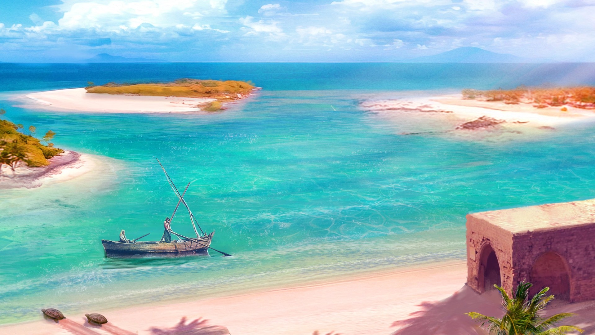 A hand-painted beach scene from Dreams on a Pillow's concept art.