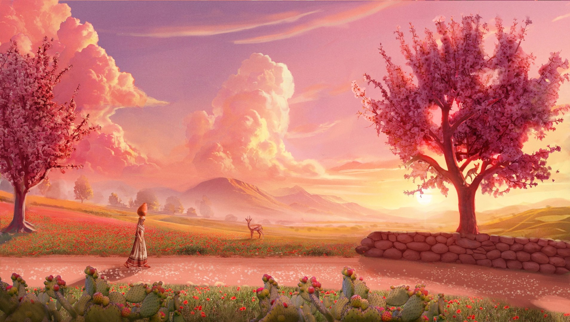 A pink sunrise with a deer in the background and a woman carrying a jar in the foreground from Dreams on a Pillow's concept art