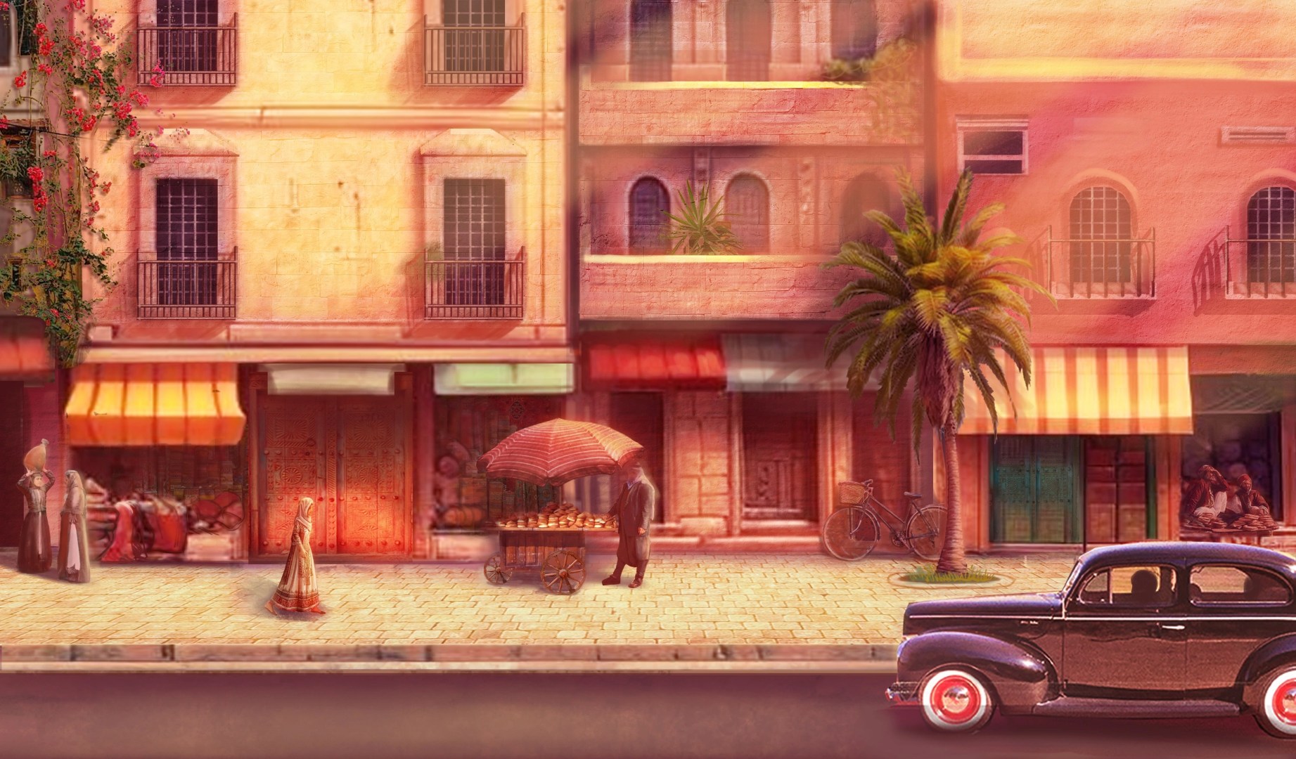 A hand-painted town scene found in Dreams on a Pillow's concept art