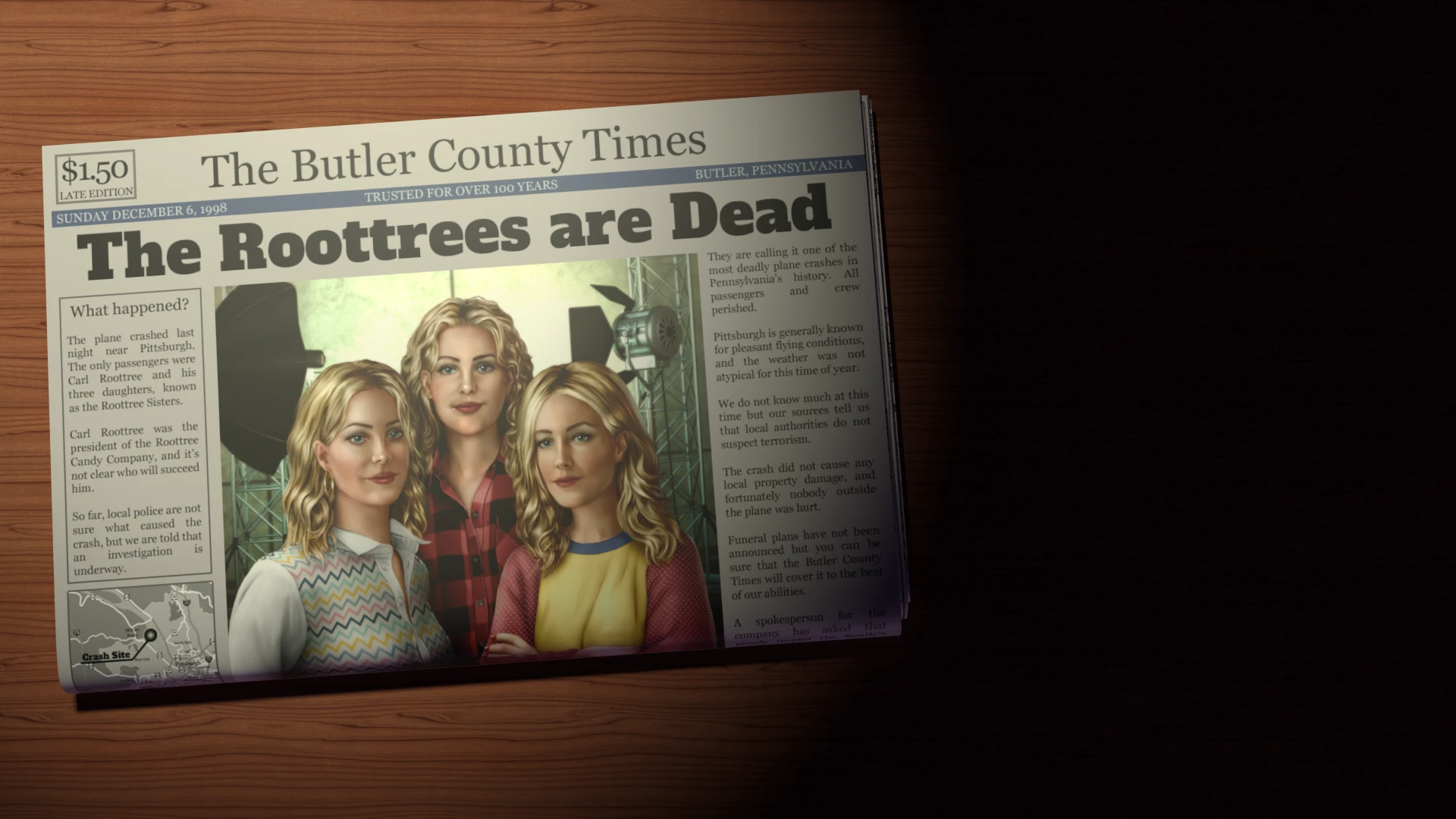 A newspaper with the headline "The Roottrees are Dead"