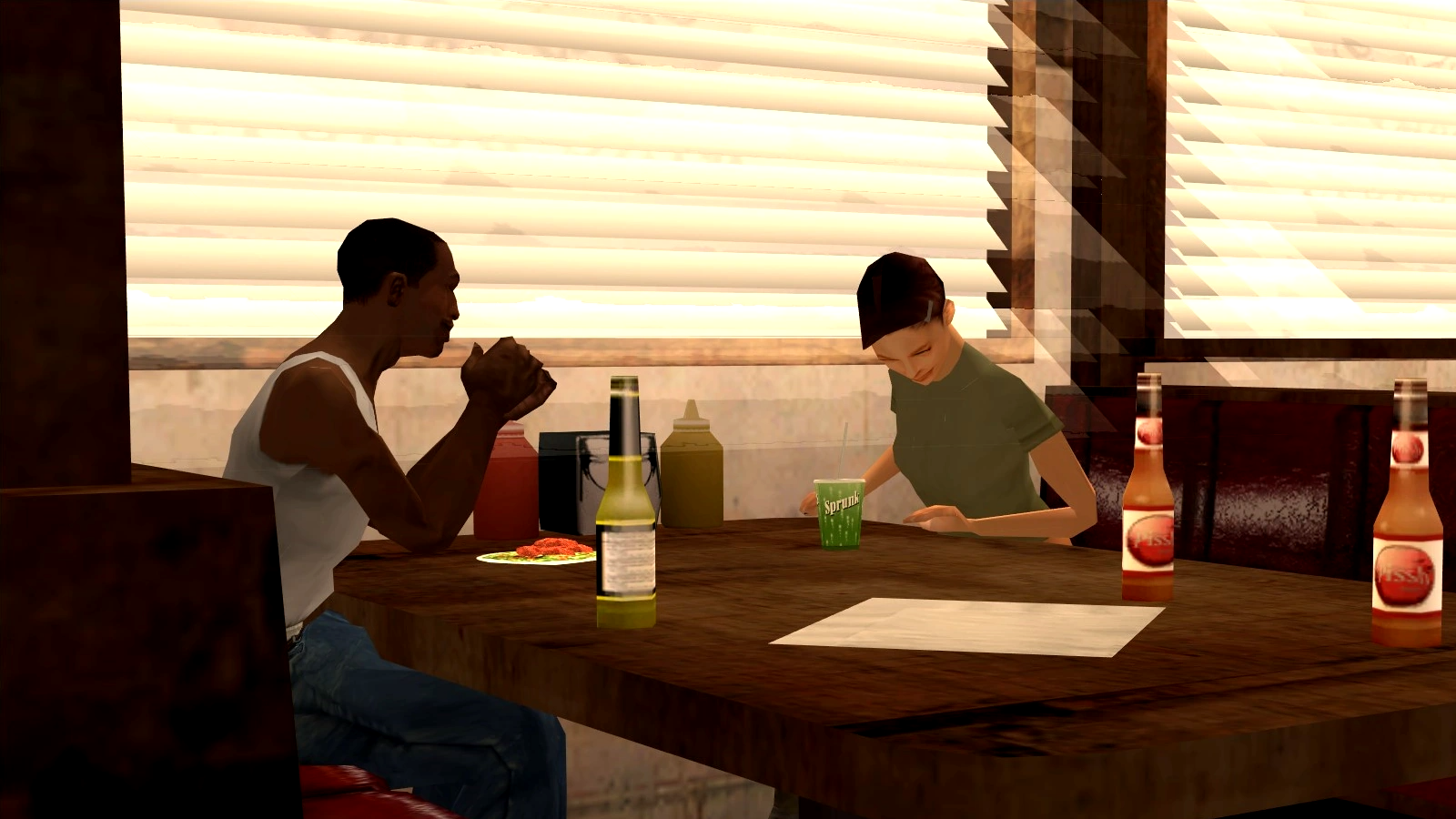 CJ and Helena sitting at a diner on a date in San Andreas.