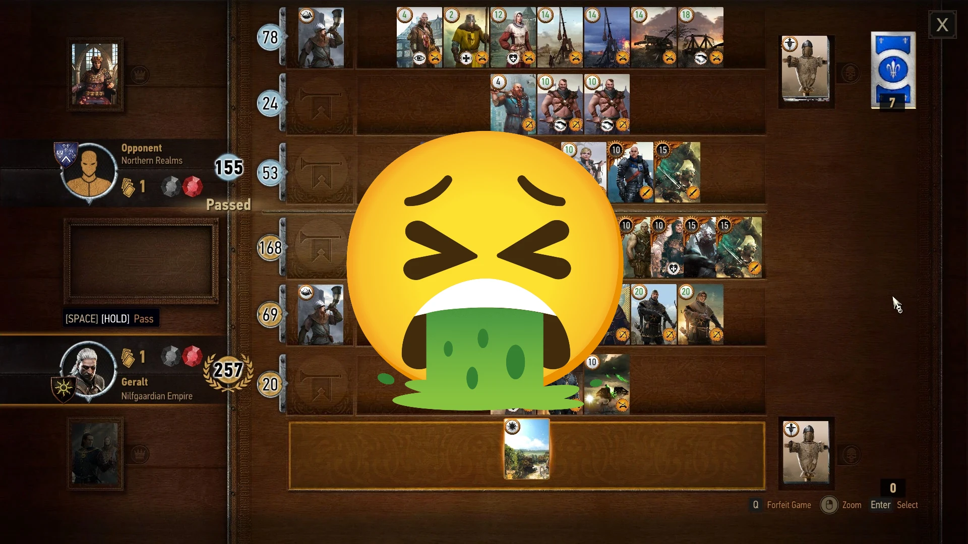 The Gwent card game with a vomit emoji superimposed over the top of it.