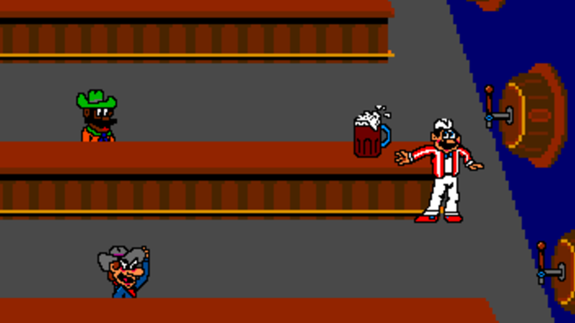 A close-up of the bartender sliding a drink down the bar in Root Beer Tapper.
