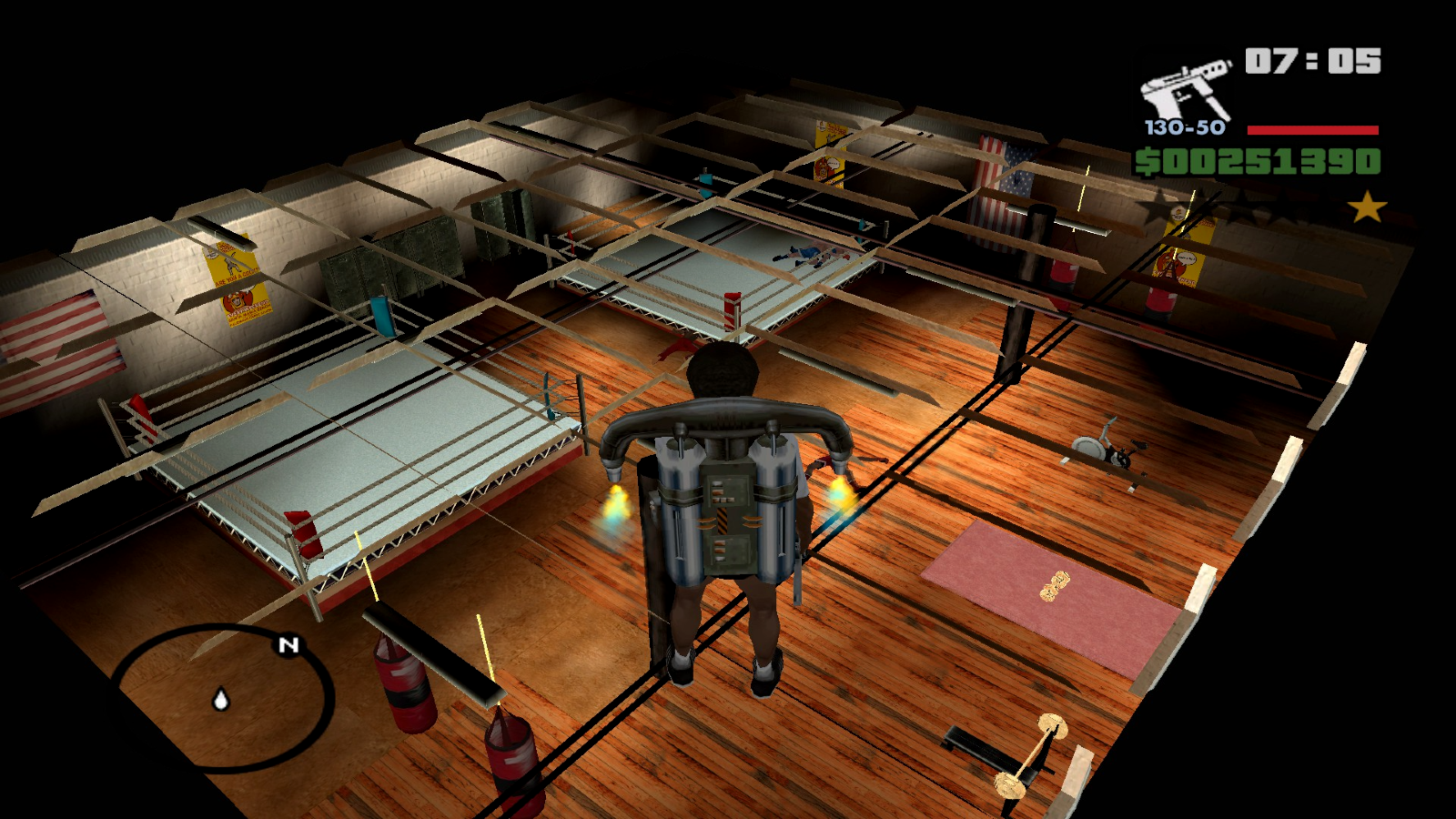 CJ using a jetpack to ascend above the boundaries of the roof inside the Ganton Gym in San Andreas.
