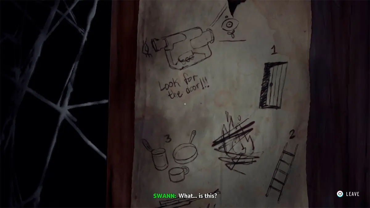 The note dictates the order of the symbols:
1. Door
2. Stairs
3. Can
4. Bear trap