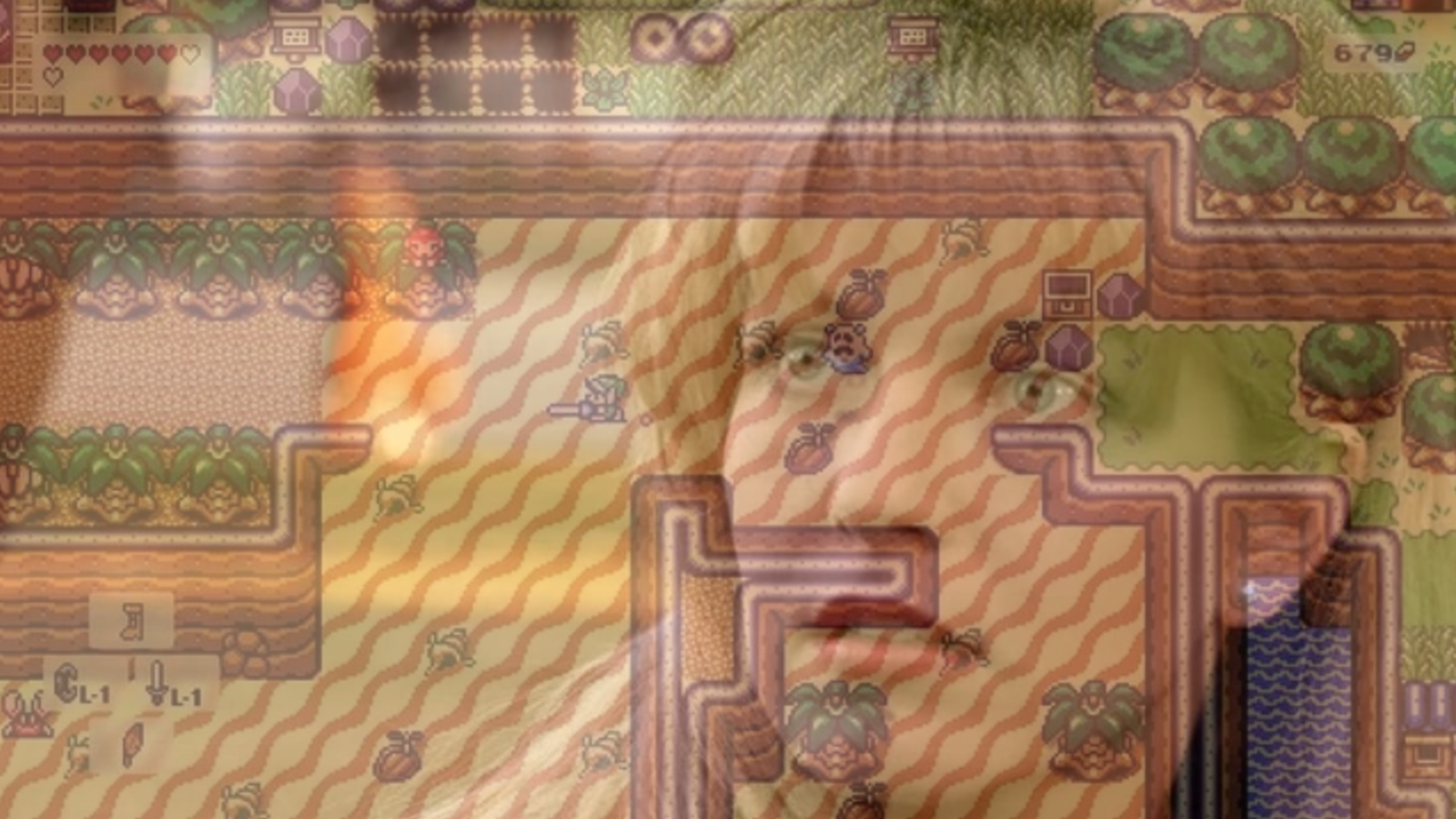 A Scene from Link's Awakening with Sheryl Lee superimposed over it
