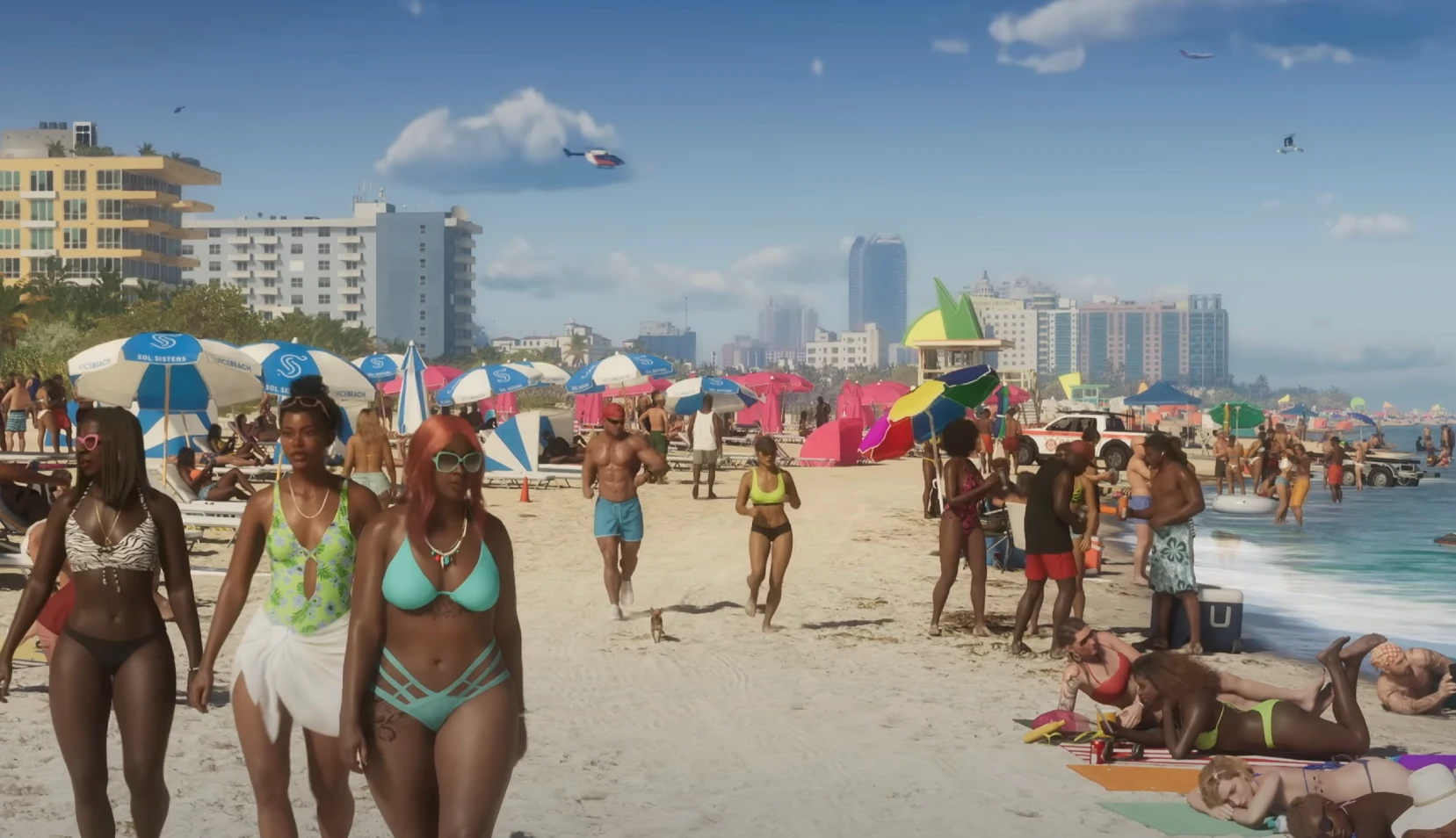 A crowd of people on the beach in GTA 6