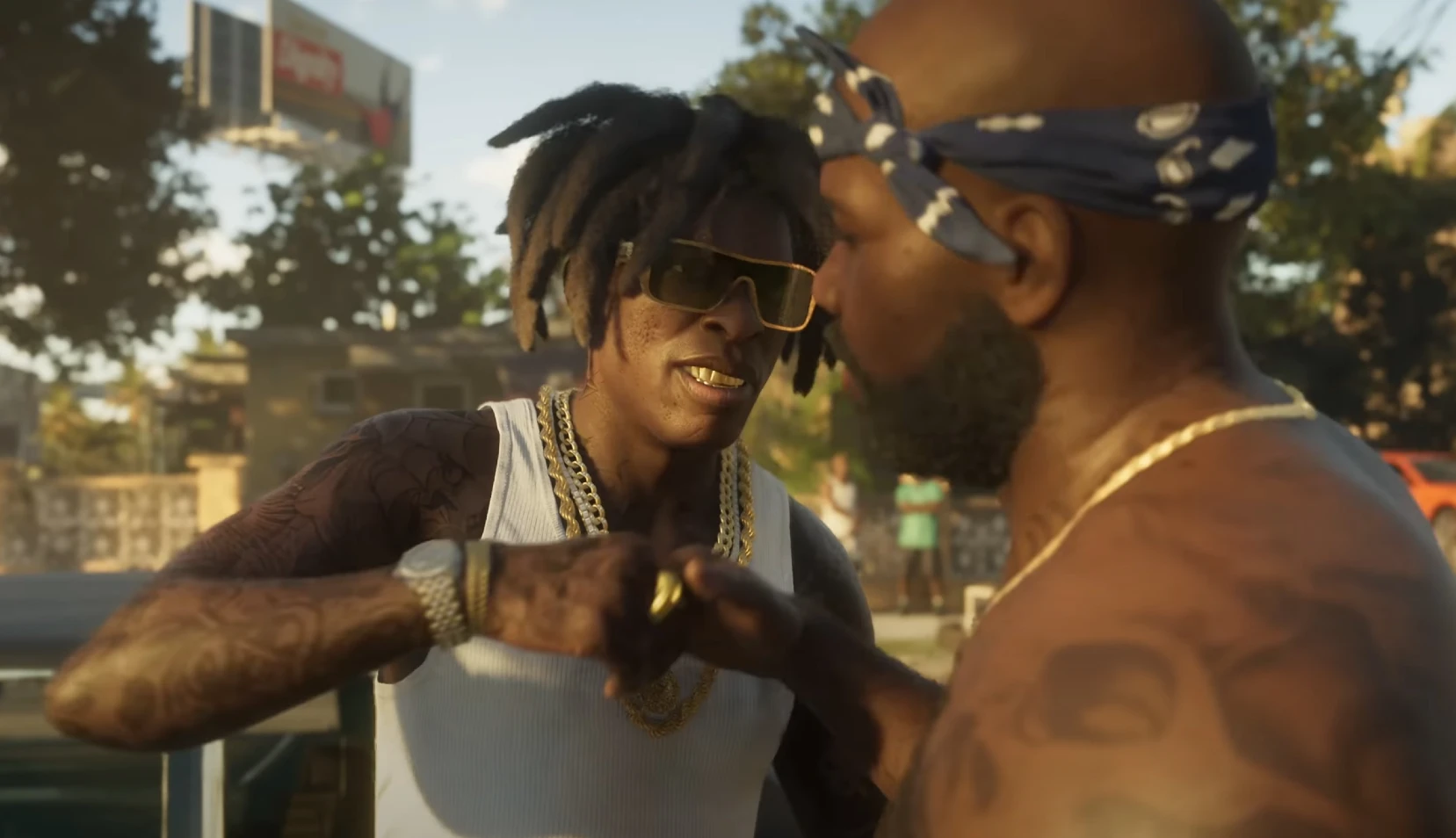 Two men fist-bumping in GTA 6