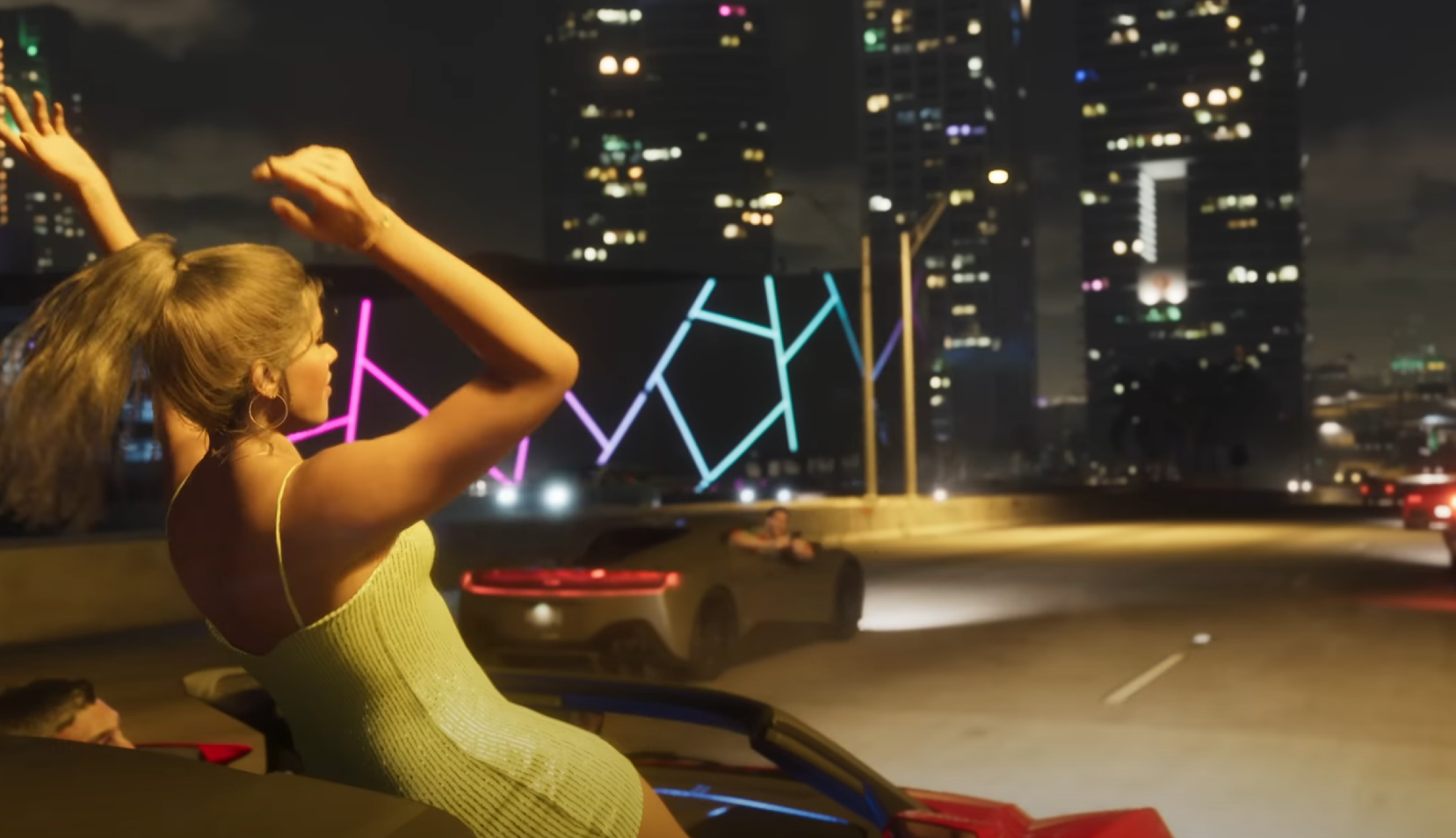 A woman sitting high in a convertible in GTA 6