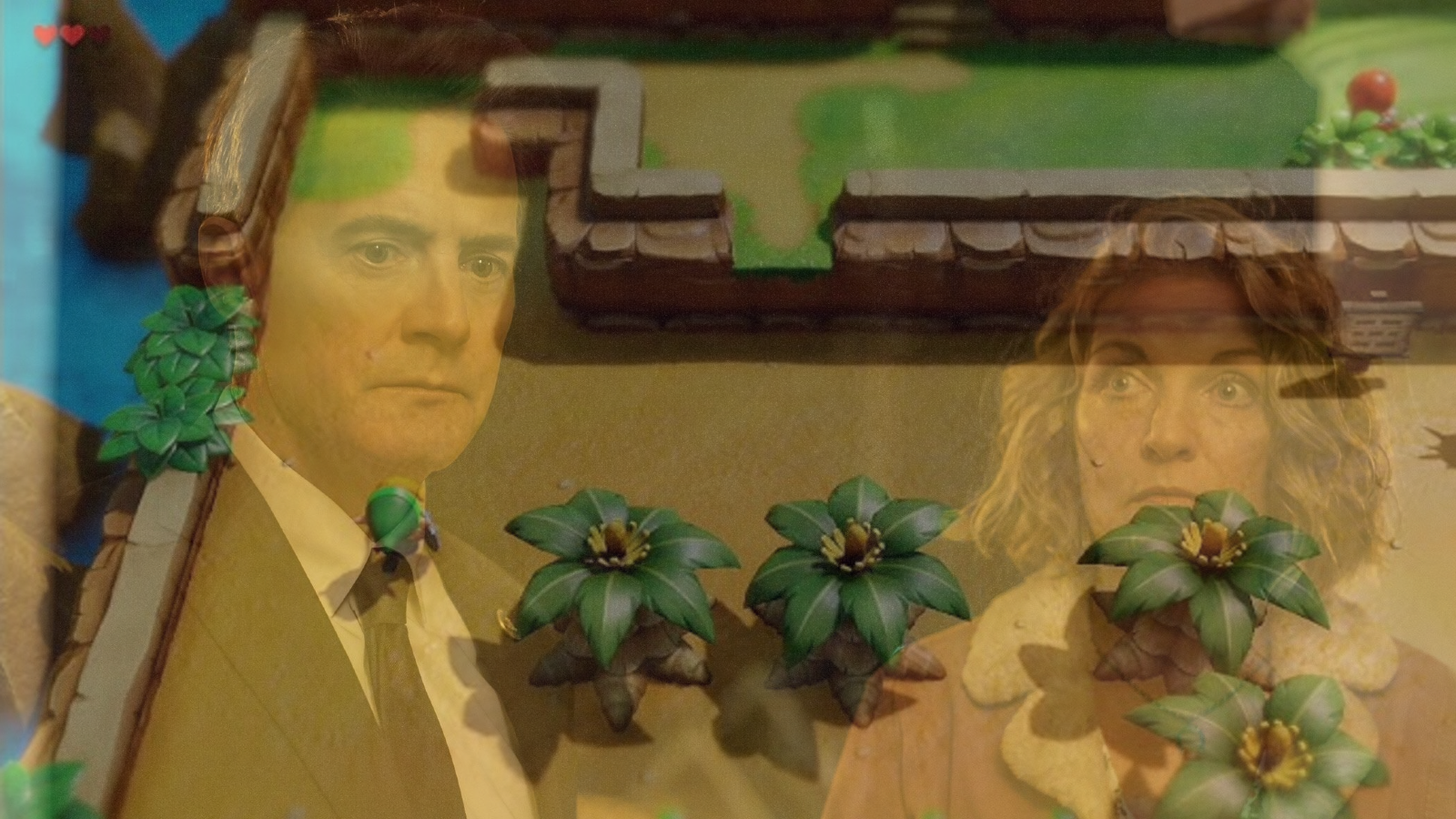 A scene from Links Awakening with Dale Cooper and Laura Palmer Superimposed Over It