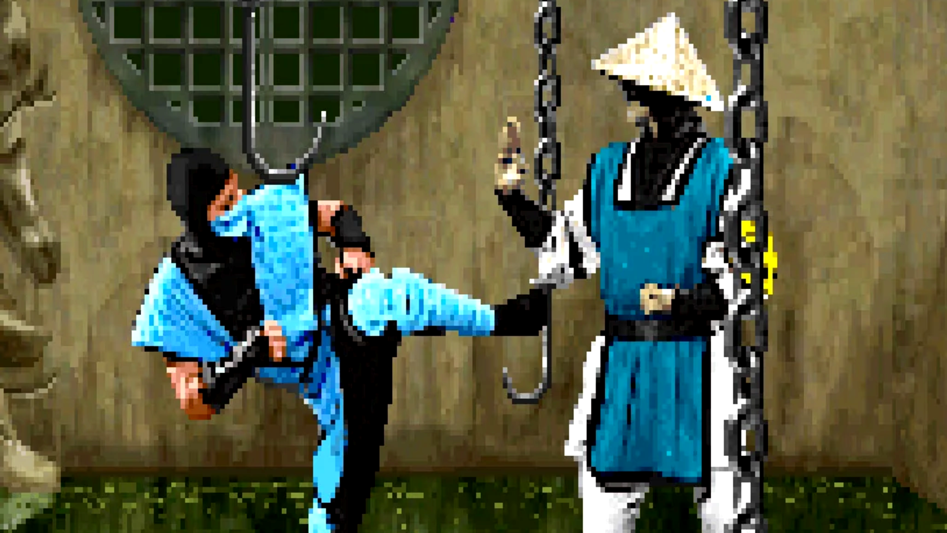 A close-up of Sub-Zero and Raiden fighting in Mortal Kombat 2.