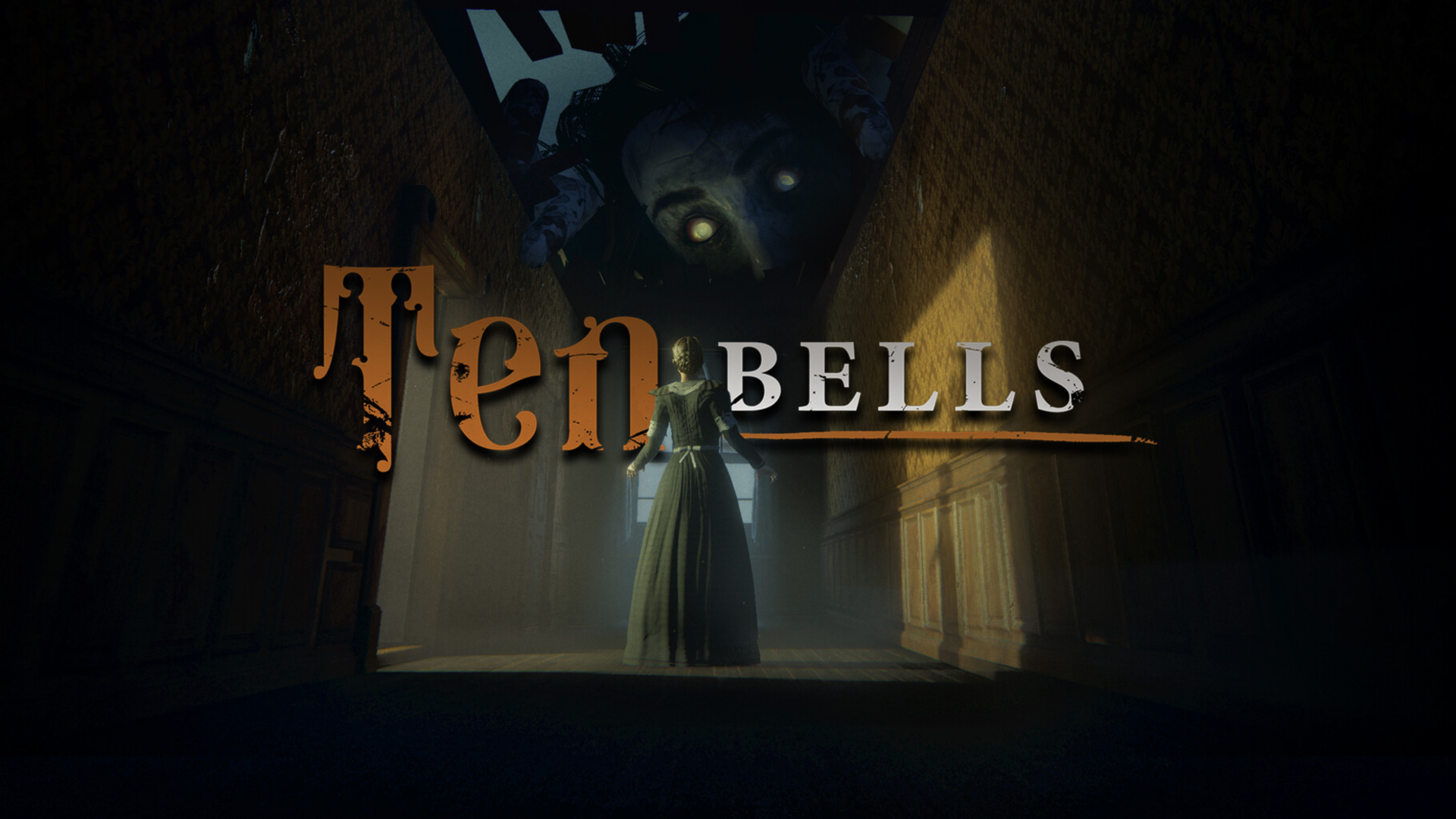 The logo for Ten Bells superimposed over a hallway with a woman staring up at a demonic face.