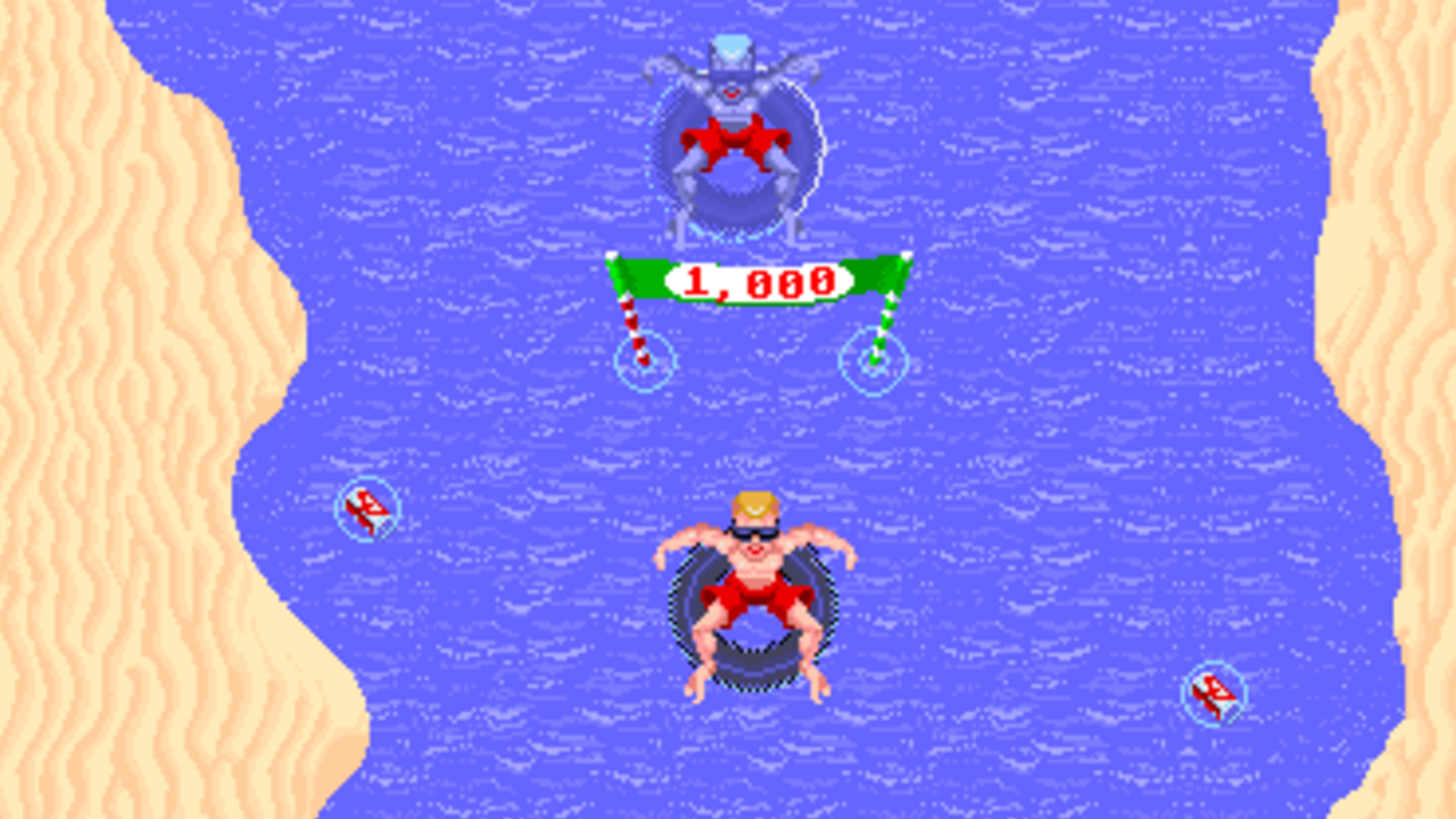 Two people riding inner tubes down a river in the game Toobin