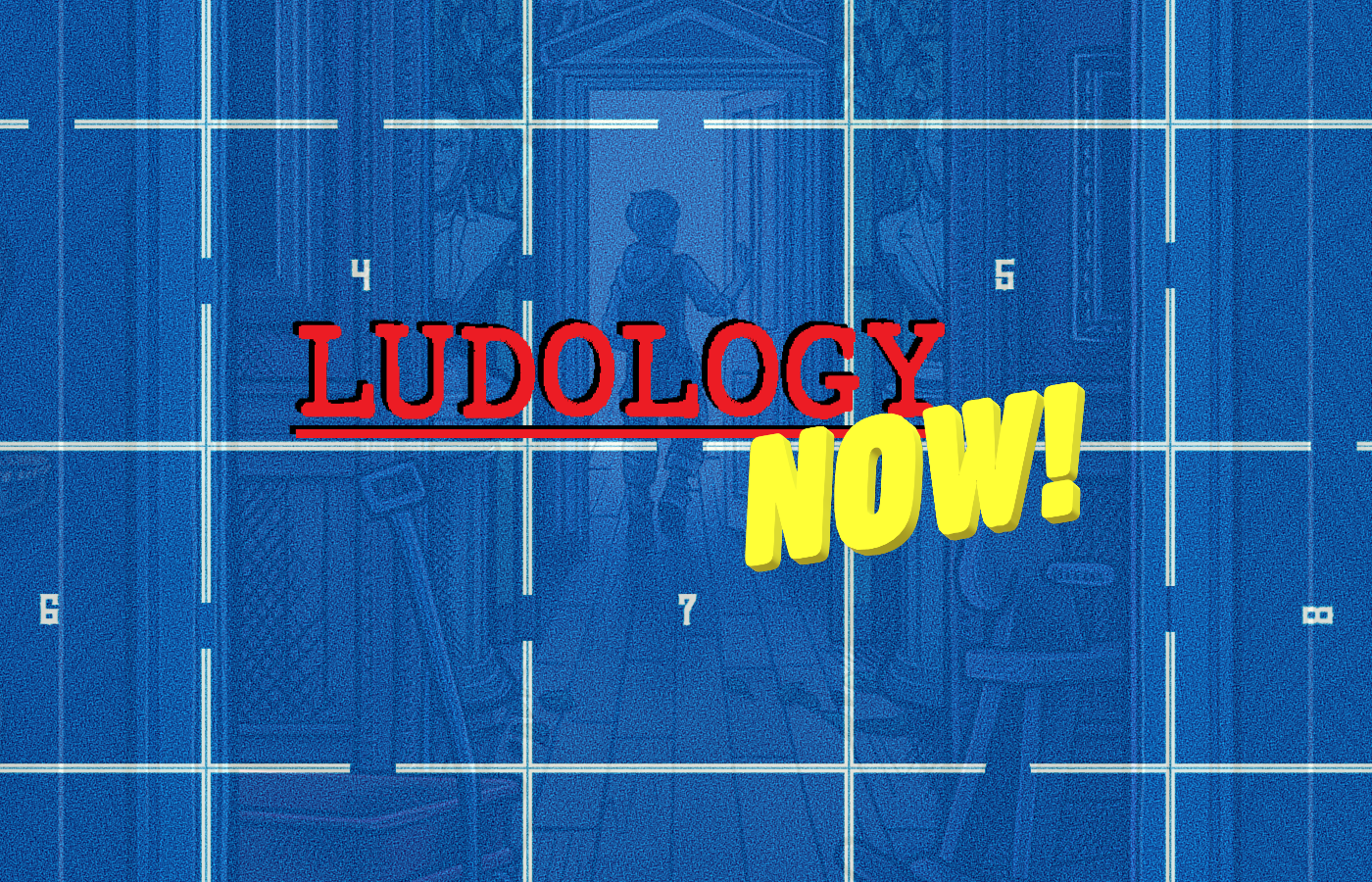 Key art for Blue Prince superimposed over a blueprint with the Ludology Now logo in the middle.