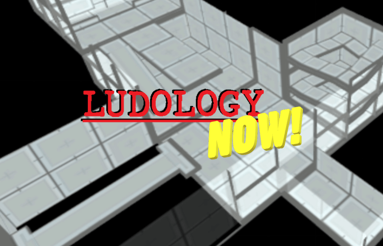 The logo for Ludology Now superimposed over a blueprint.