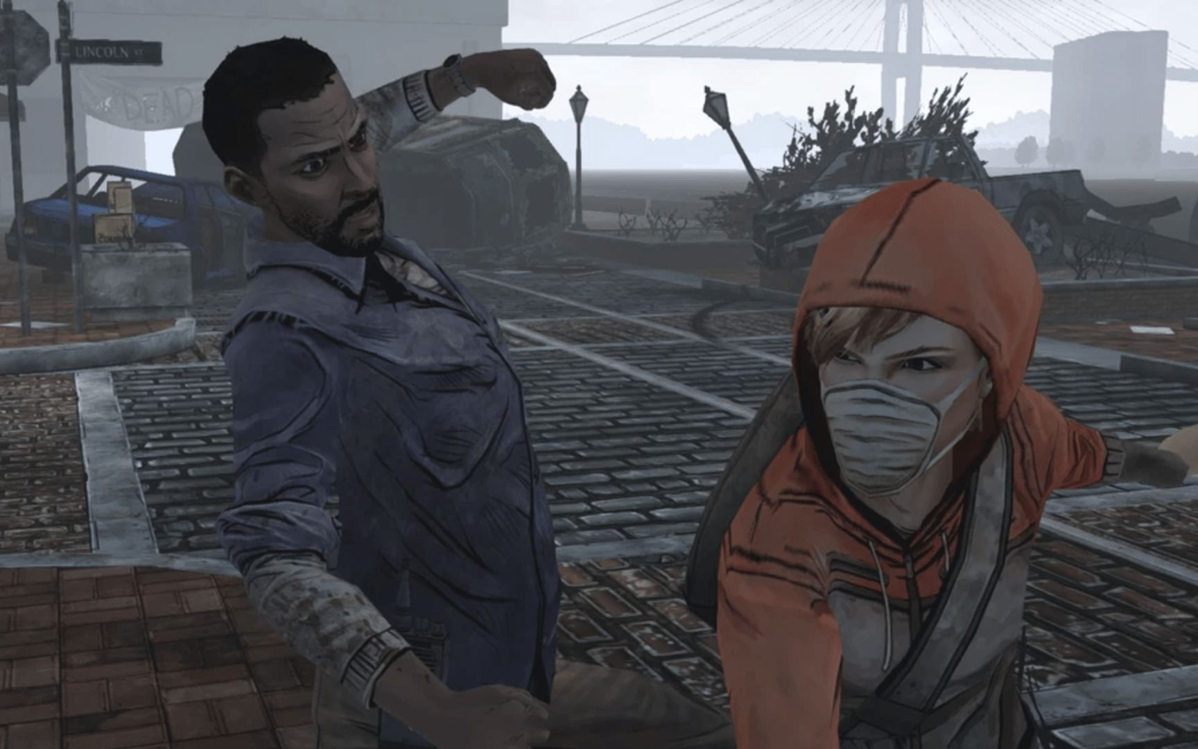 Lee punches a bandit on River Street in The Walking Dead