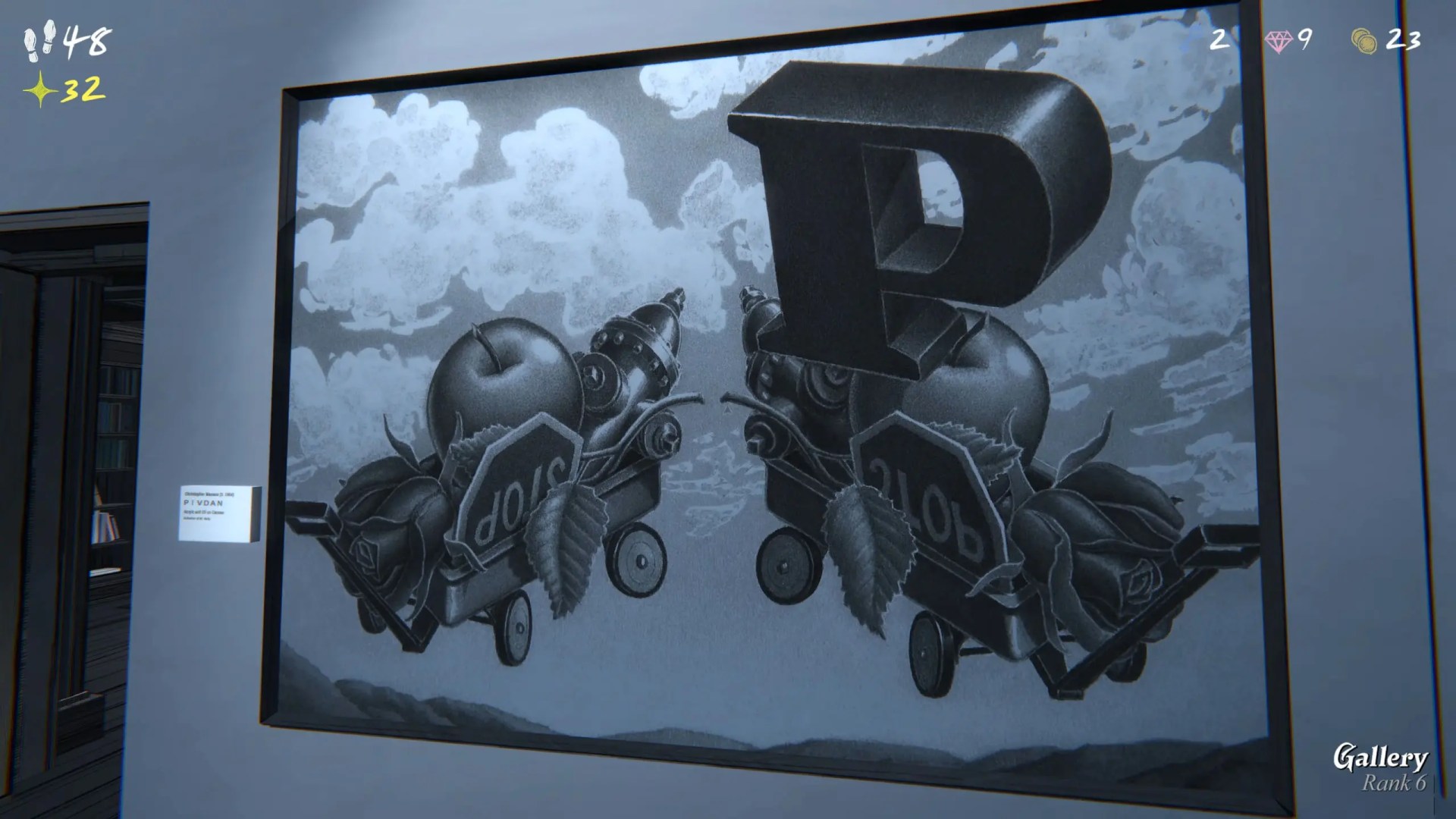 Here, you’ll see two wagons, mirrored, and both loaded with red objects. One wagon has a big letter “P”, also mirrored. The key is that the “P” is literally “on red,” giving you P + on red = PONDER