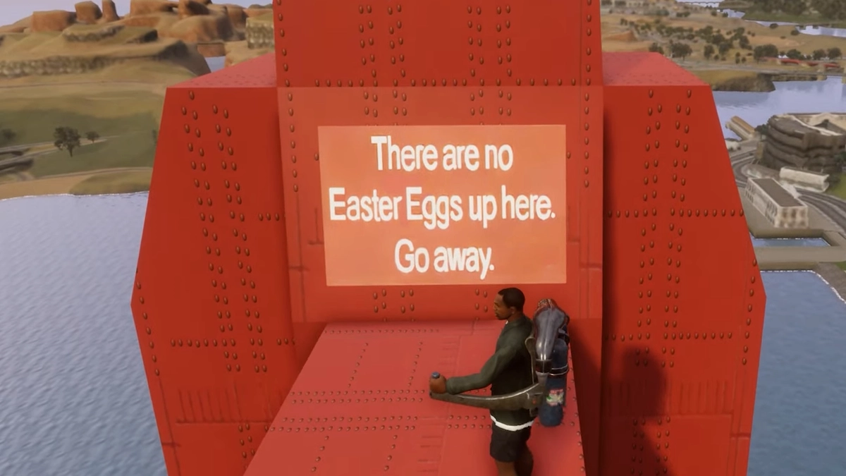 CJ standing in front of easter egg in GTA San Andreas