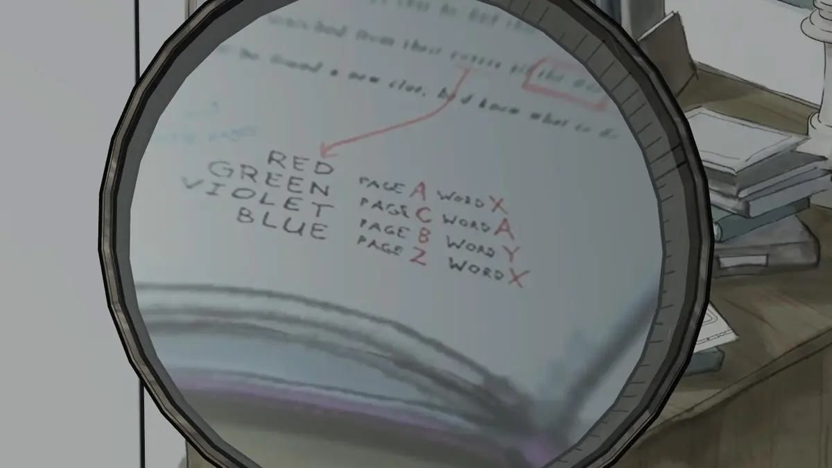Another page matches the letters to colors, which link to specific books. The letters also act as a code for page and word numbers we need to find. 