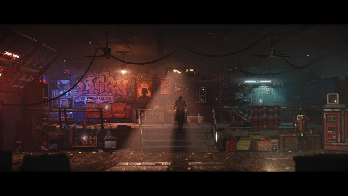 Cluttered underground hideout split between warm red and cool blue lighting