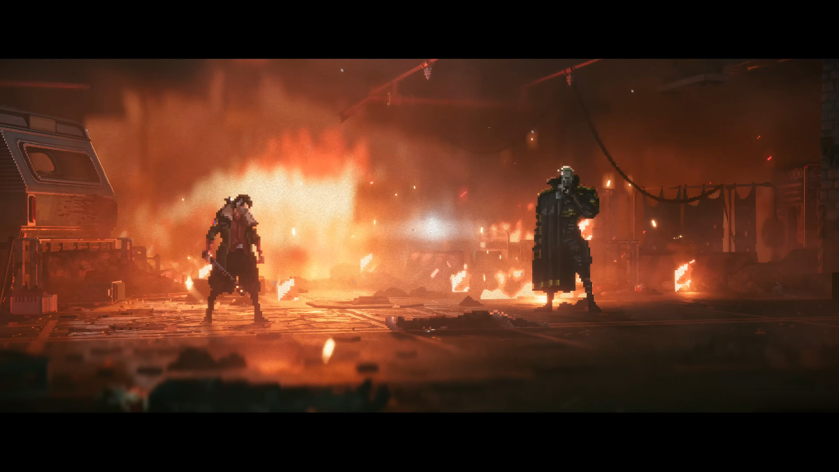 Two pixel warriors facing off amid burning wreckage, cinematic standoff