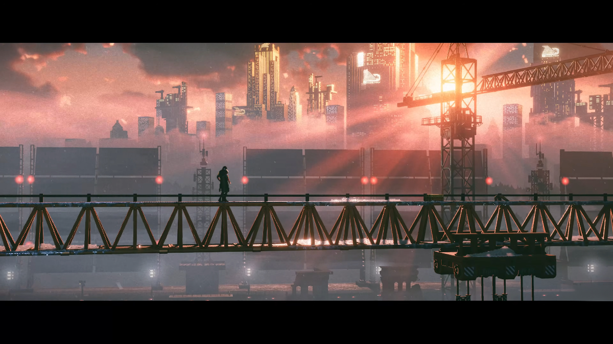 Lone figure crossing industrial bridge, futuristic skyline glowing in misty background