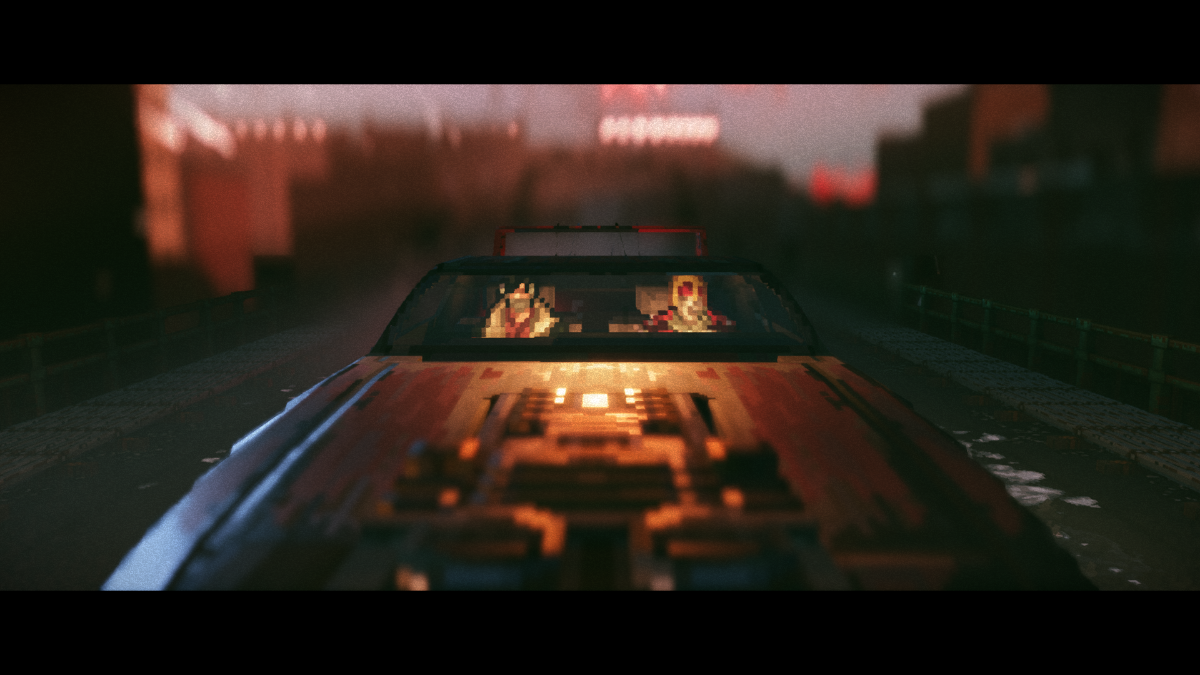 Two pixel characters inside a moving car, blurred dystopian cityscape