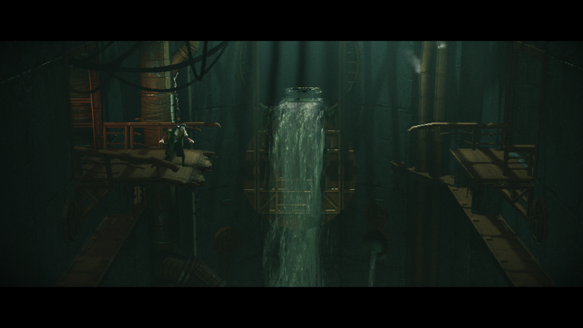 Pixel character on wooden platform beside cascading waterfall in dark cavern