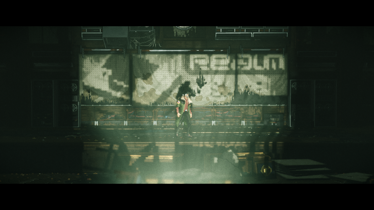 Pixel character standing before large screen reading "REALM" in abandoned venue