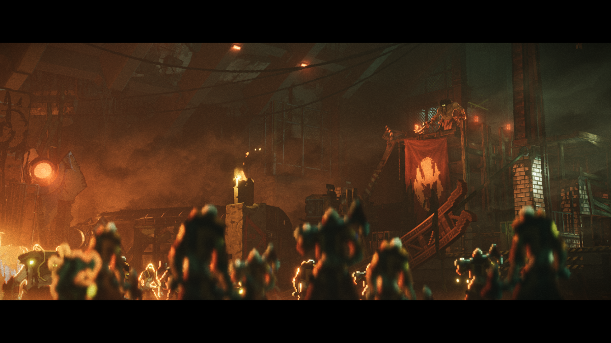 Crowd of pixel creatures gathered before throne with banner in smoky arena