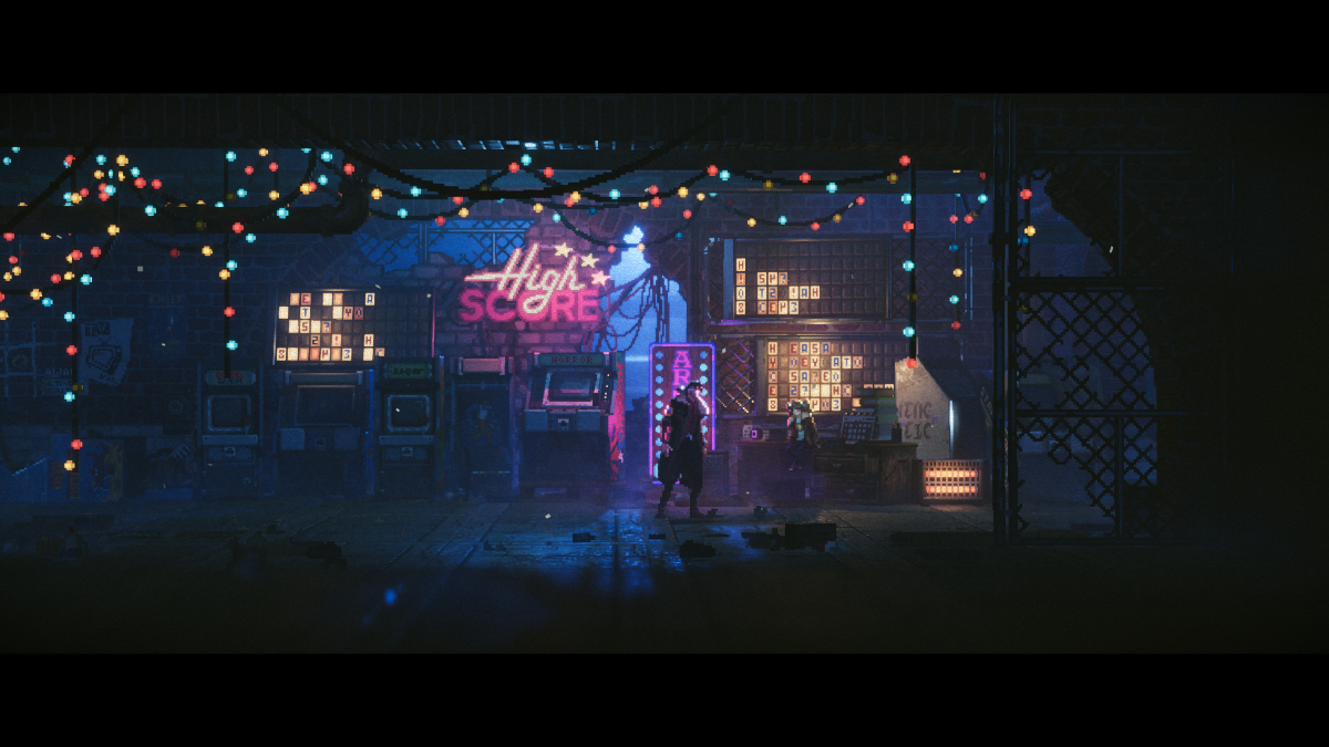 Noir arcade shop with neon "High Score" sign, colorful string lights