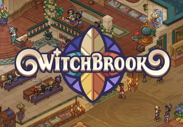 Witchbrook Logo over Dining Hall Screenshot