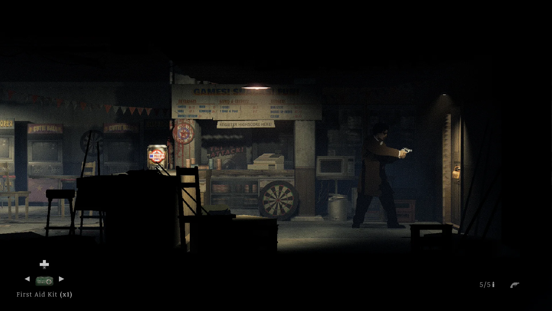 Shooting the rusted lock in the game room