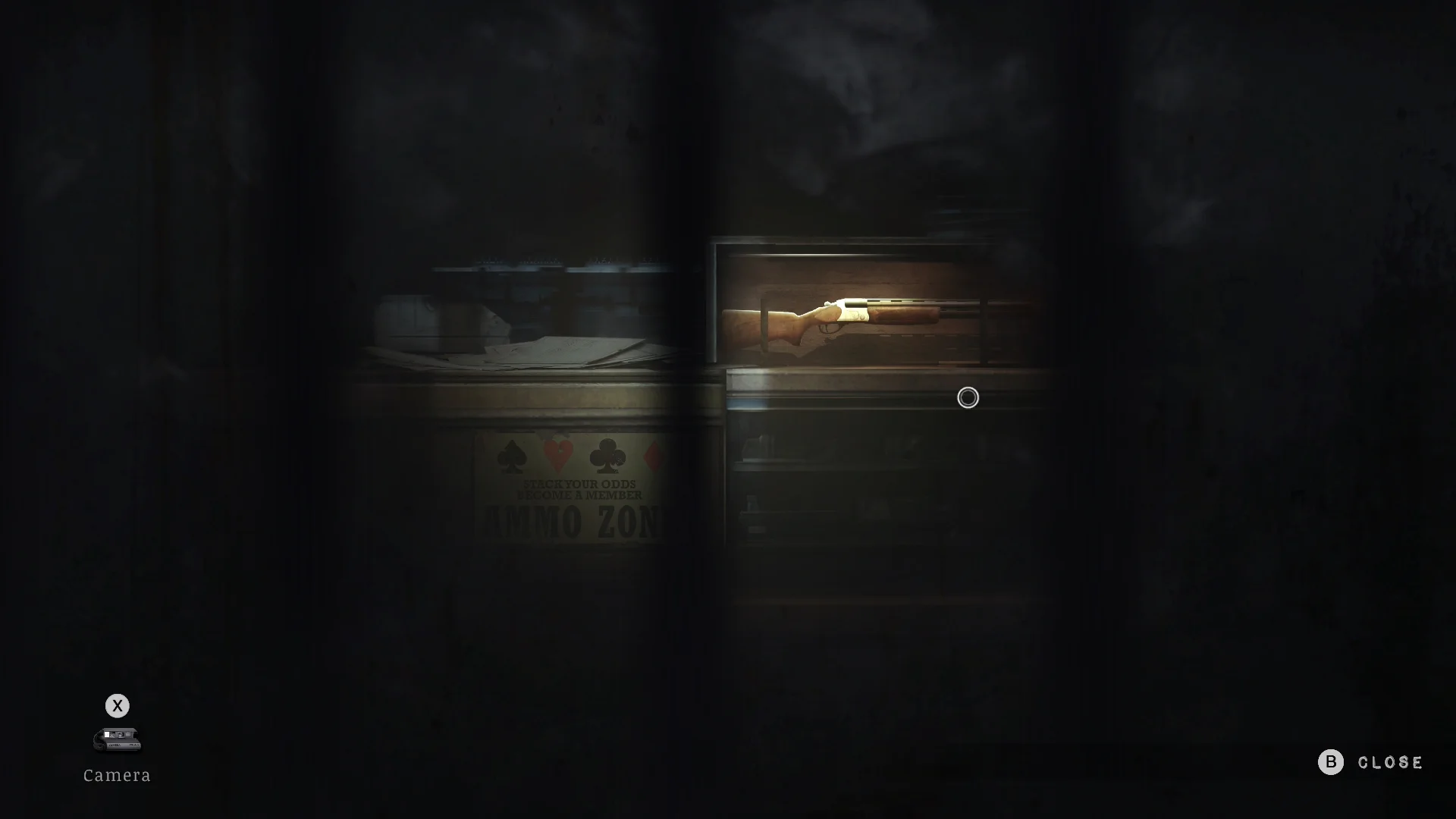 Through the Ammo Zone window: the sign shows ♠ ♥ ♣ ♦