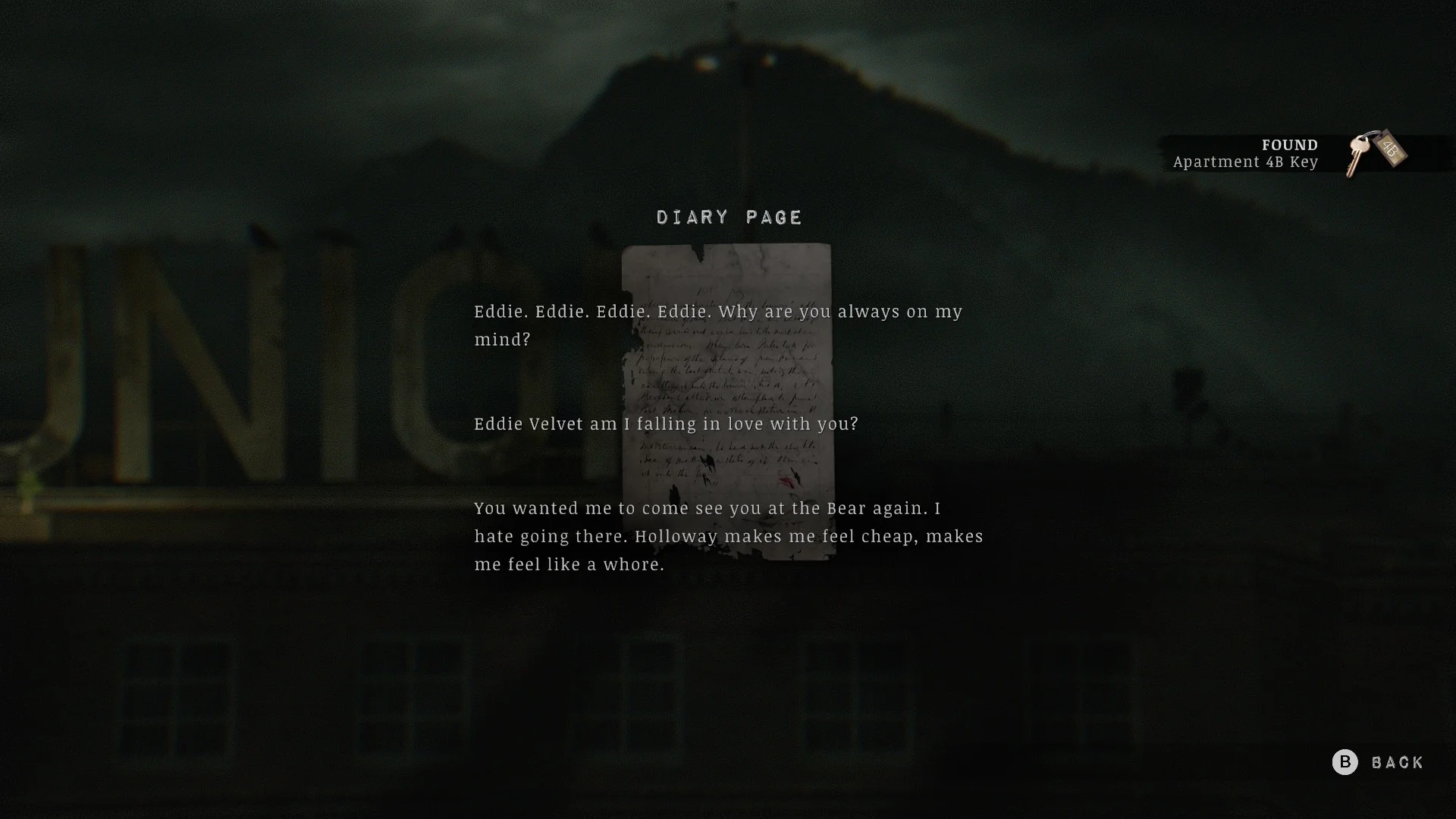 Diary Page and Apartment 4B Key on the roof