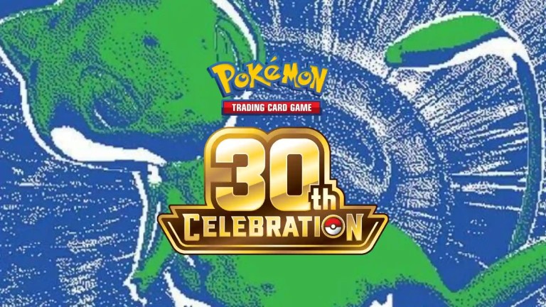 Closeup of the Mew RGB card art with the 30th Celebration logo over it