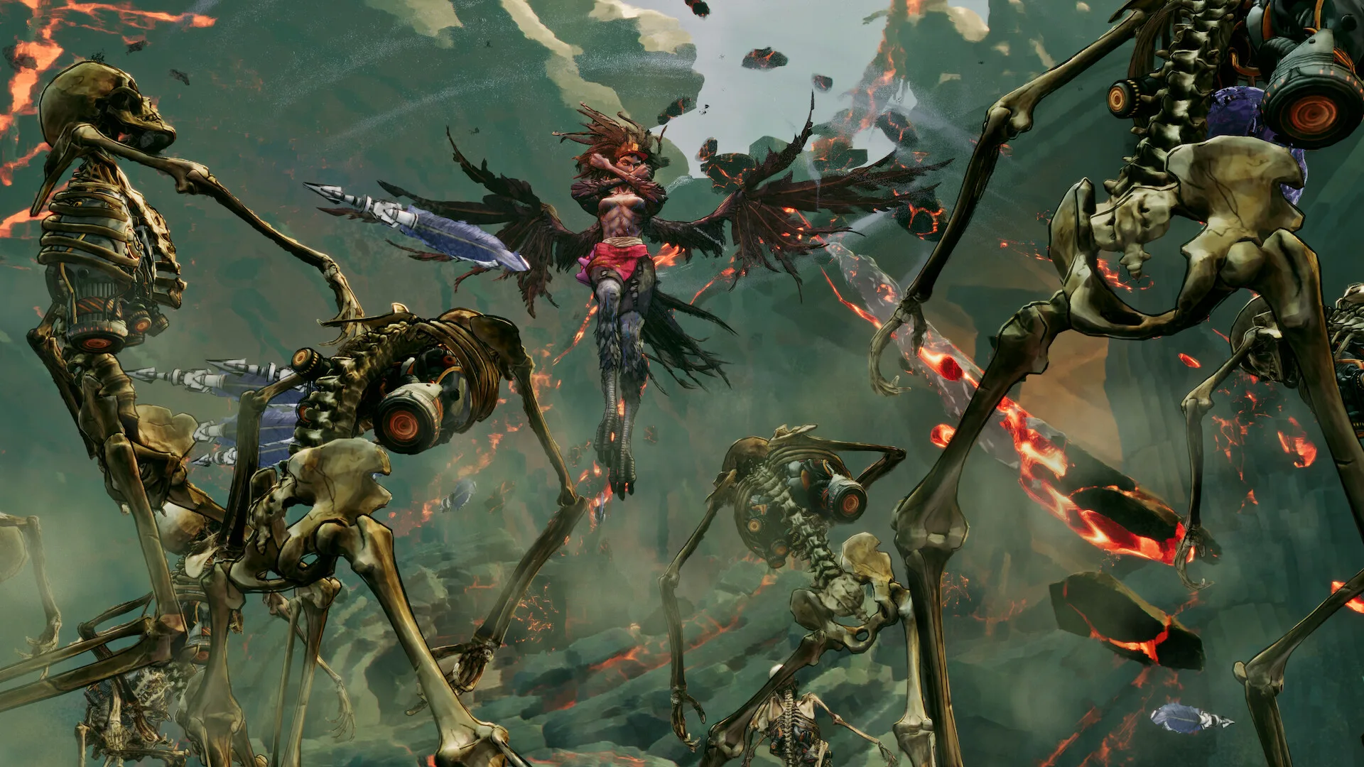 A black-winged harpy swoops between towering skeletons over a battlefield cracked with lava.