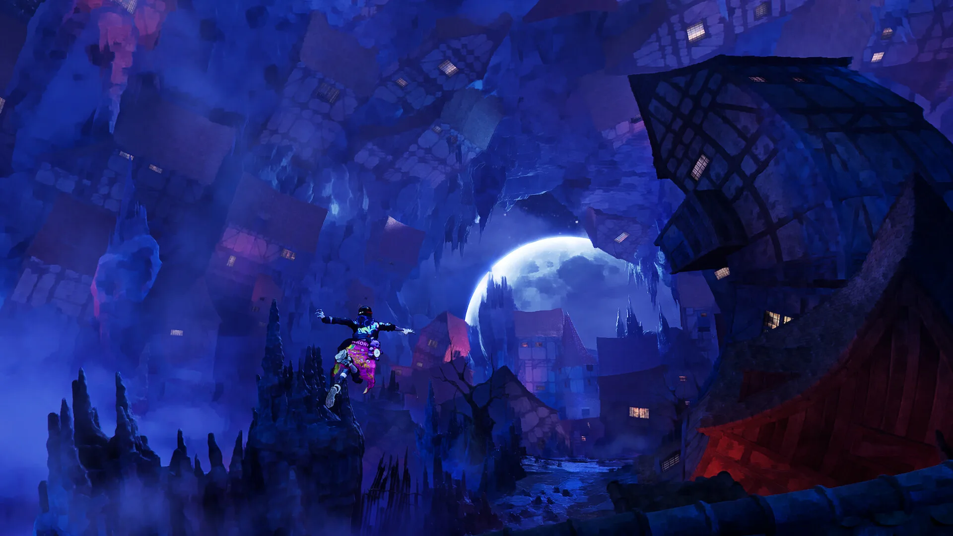 Davy leaps between rooftops under a huge full moon in a crooked, storybook town at night.