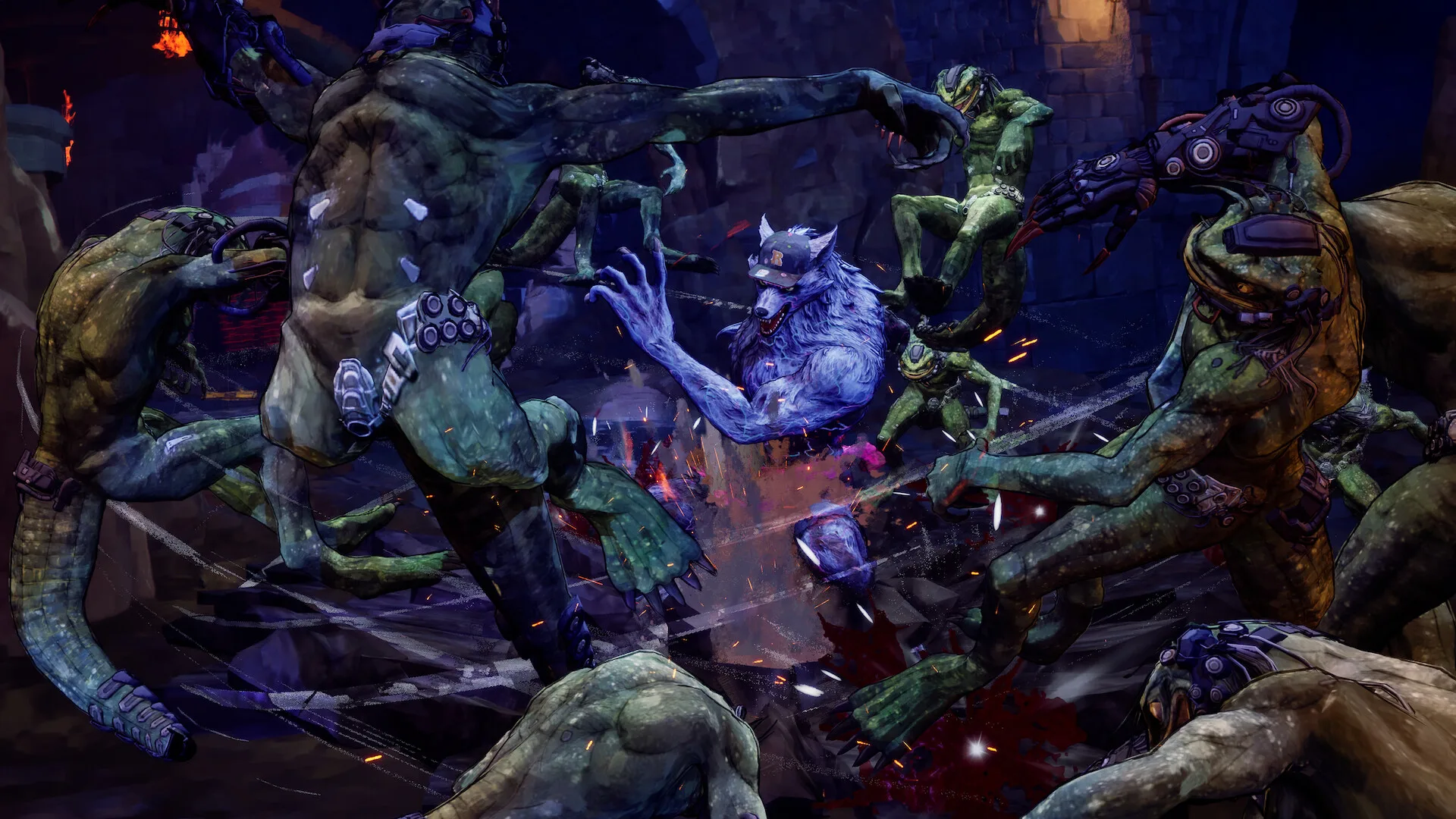 Davy in his blue werewolf form slashes through a crowd of green lizard monsters in a dungeon.