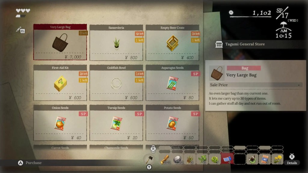 Screenshot showing the Very Large Bag upgrade in Village in the Shade